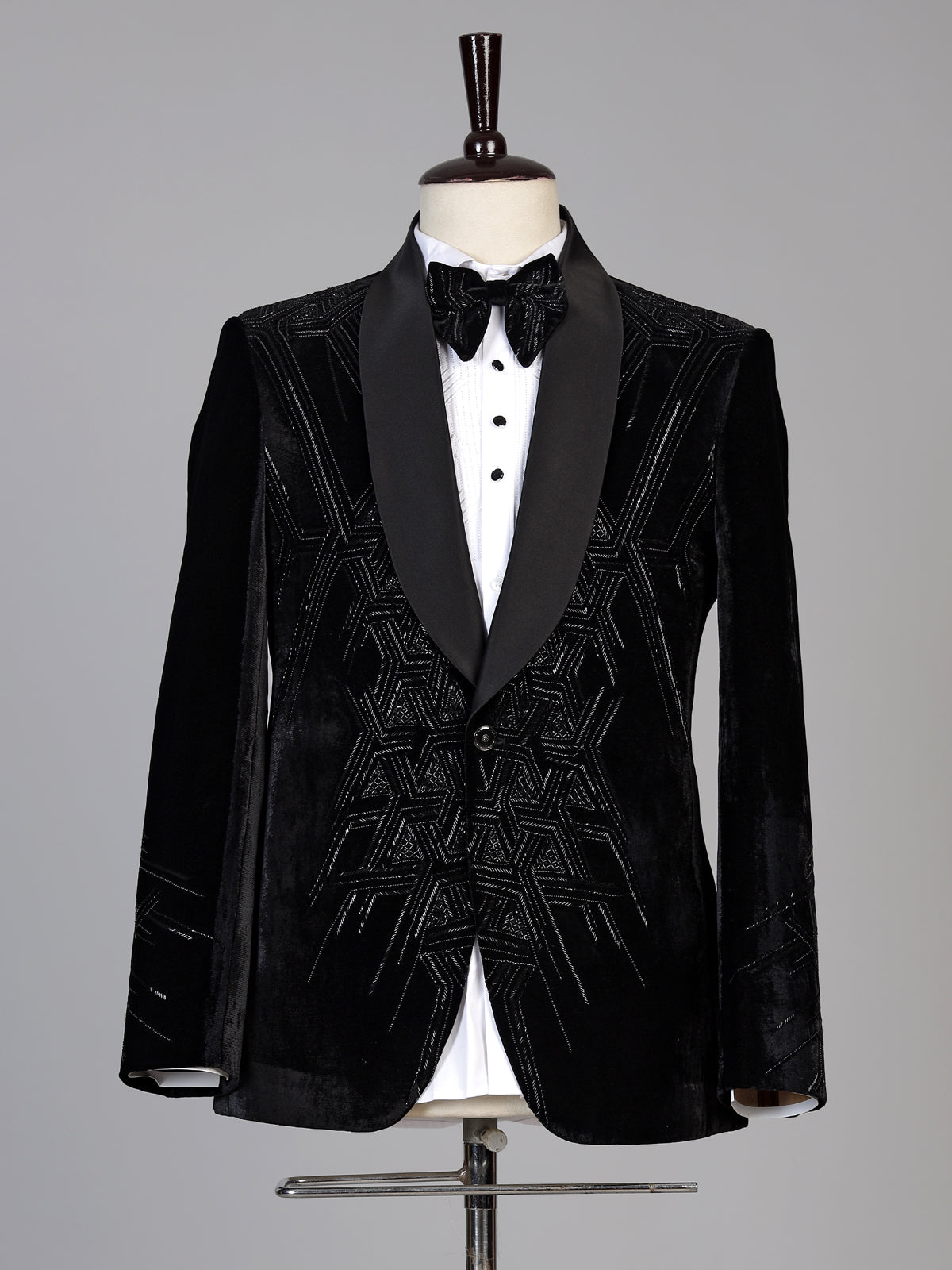 Black mens geometric cutdana velvet coat suit