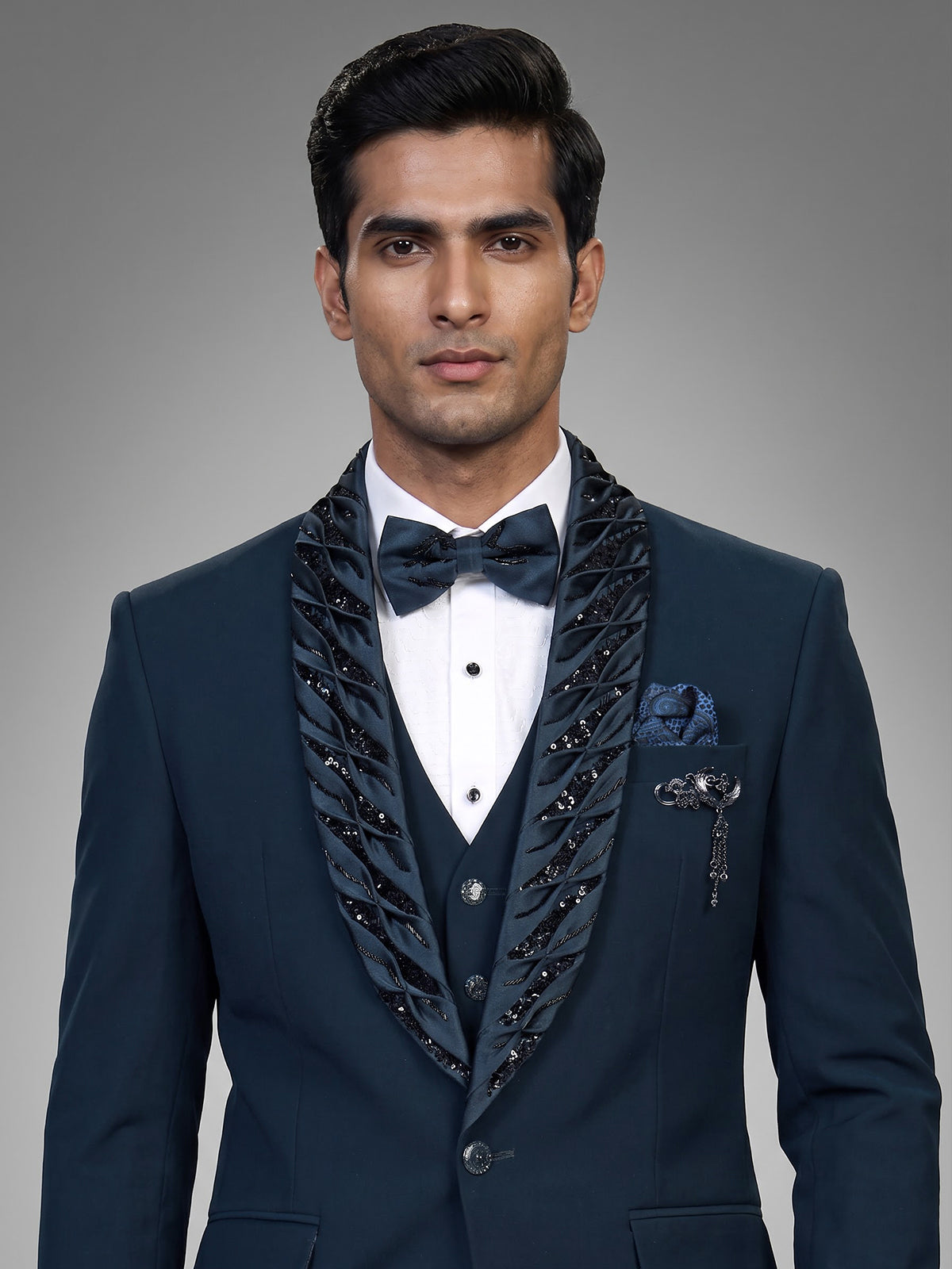 Teal blue mens embellished tuxedo coat suit