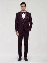 Deep maroon mens cutdana tuxedo coat suit