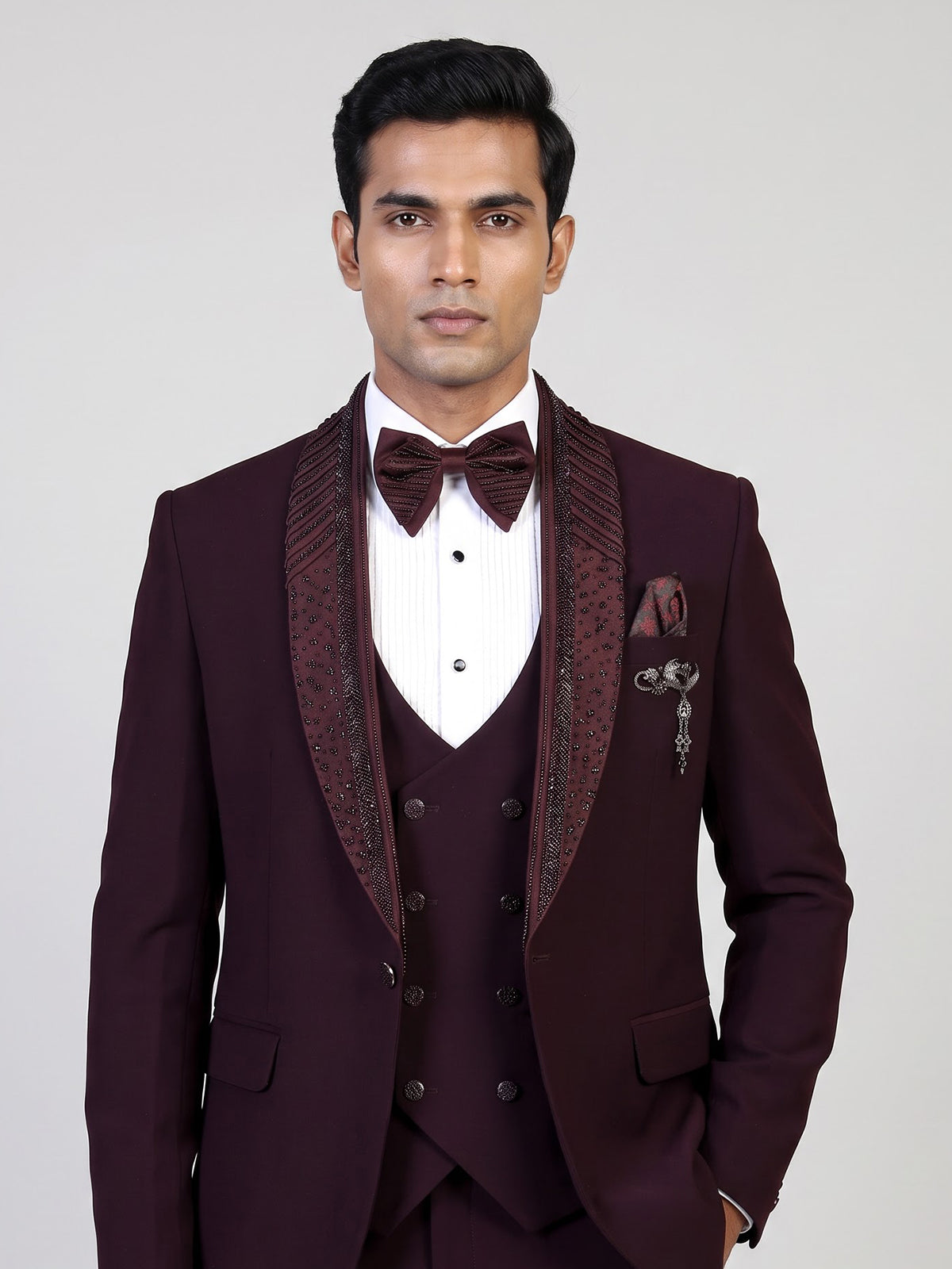 Deep maroon mens cutdana tuxedo coat suit