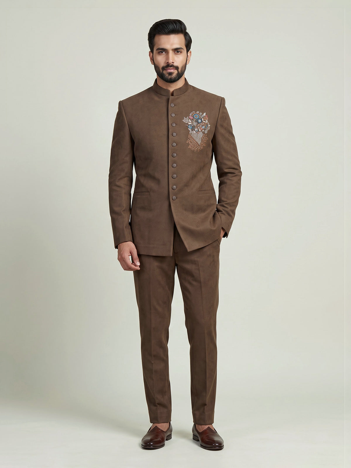 Brown mens floral zardosi jodhpuri suit