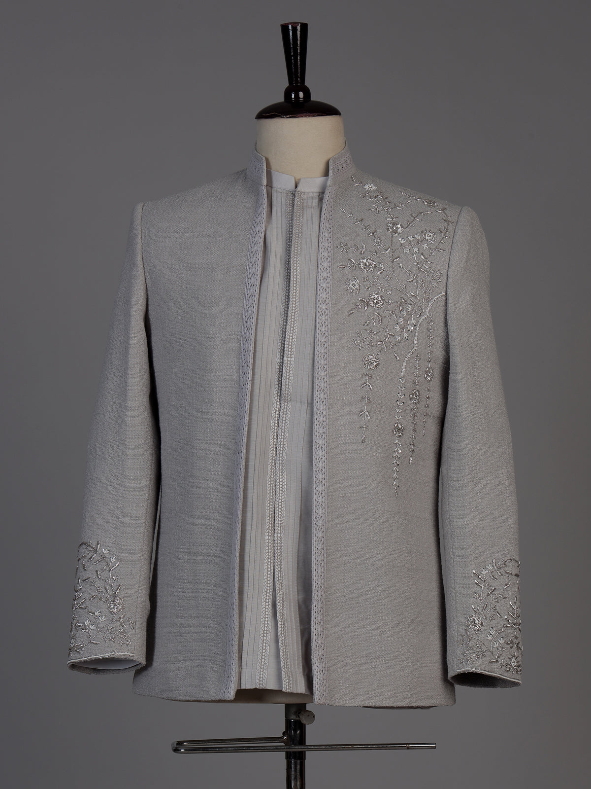 Grey mens botanical jacket jodhpuri suit