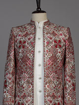 Cream mens geometric embroidered jacket indo western