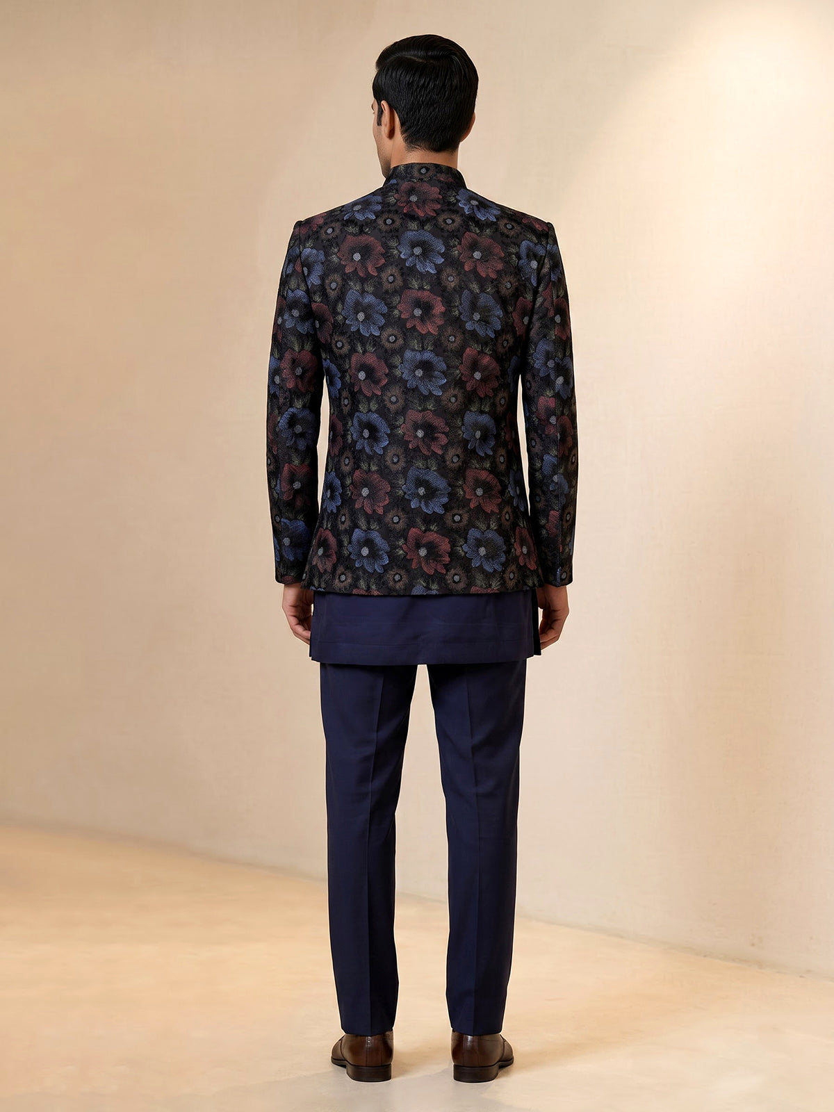 Navy blue mens floral brocade jacket indo western