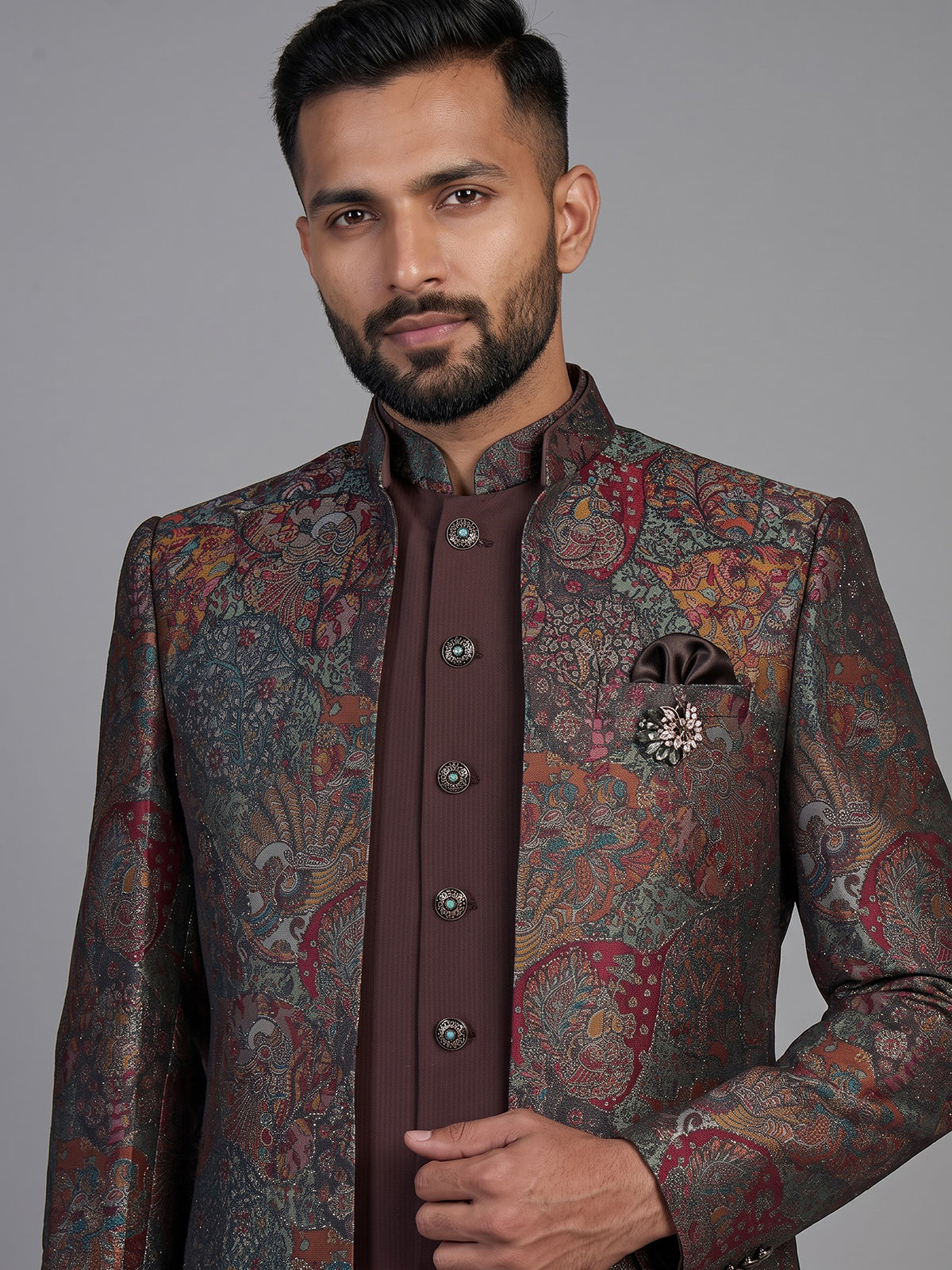 Brown mens vintage brocade jacket indo western