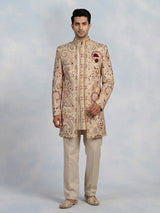 Beige mens Kashmiri embroidered jacket indo western
