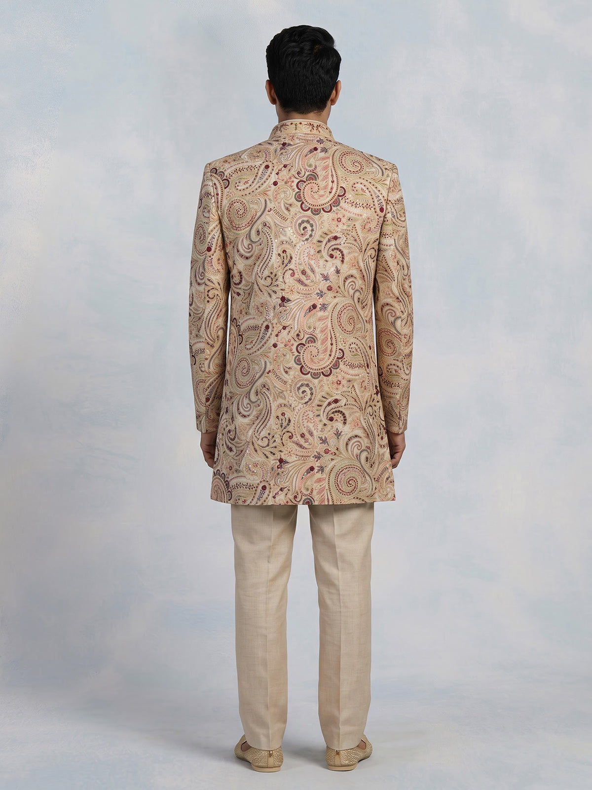 Beige mens Kashmiri embroidered jacket indo western