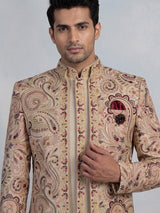 Beige mens Kashmiri embroidered jacket indo western