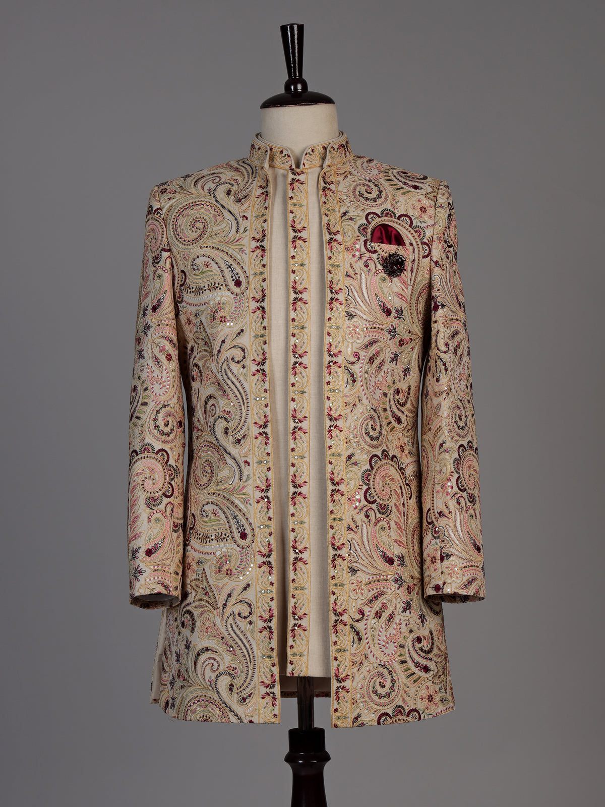 Beige mens Kashmiri embroidered jacket indo western