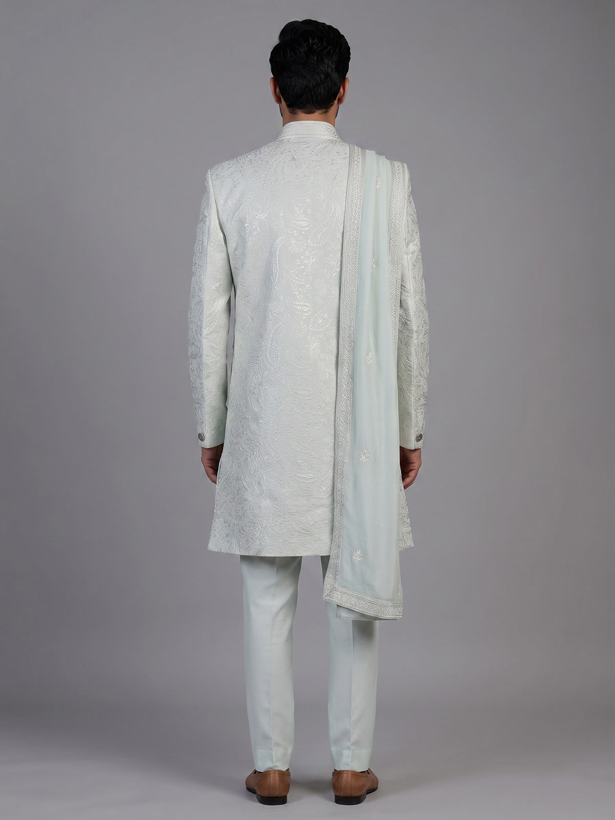 Sky blue mens paisley achkan indo western