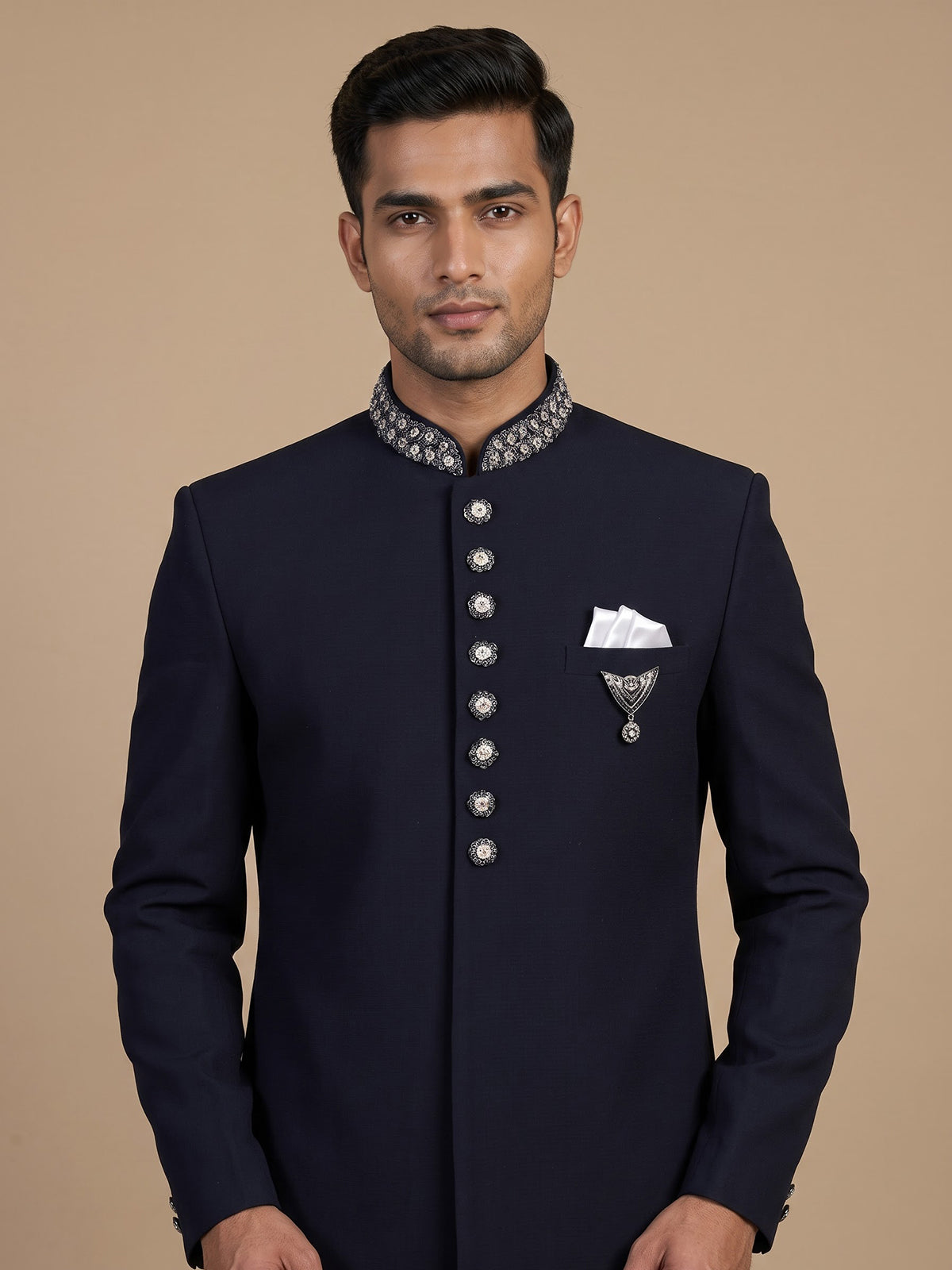 Navy blue mens pashmina embroidered indo western