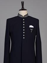 Navy blue mens pashmina embroidered indo western