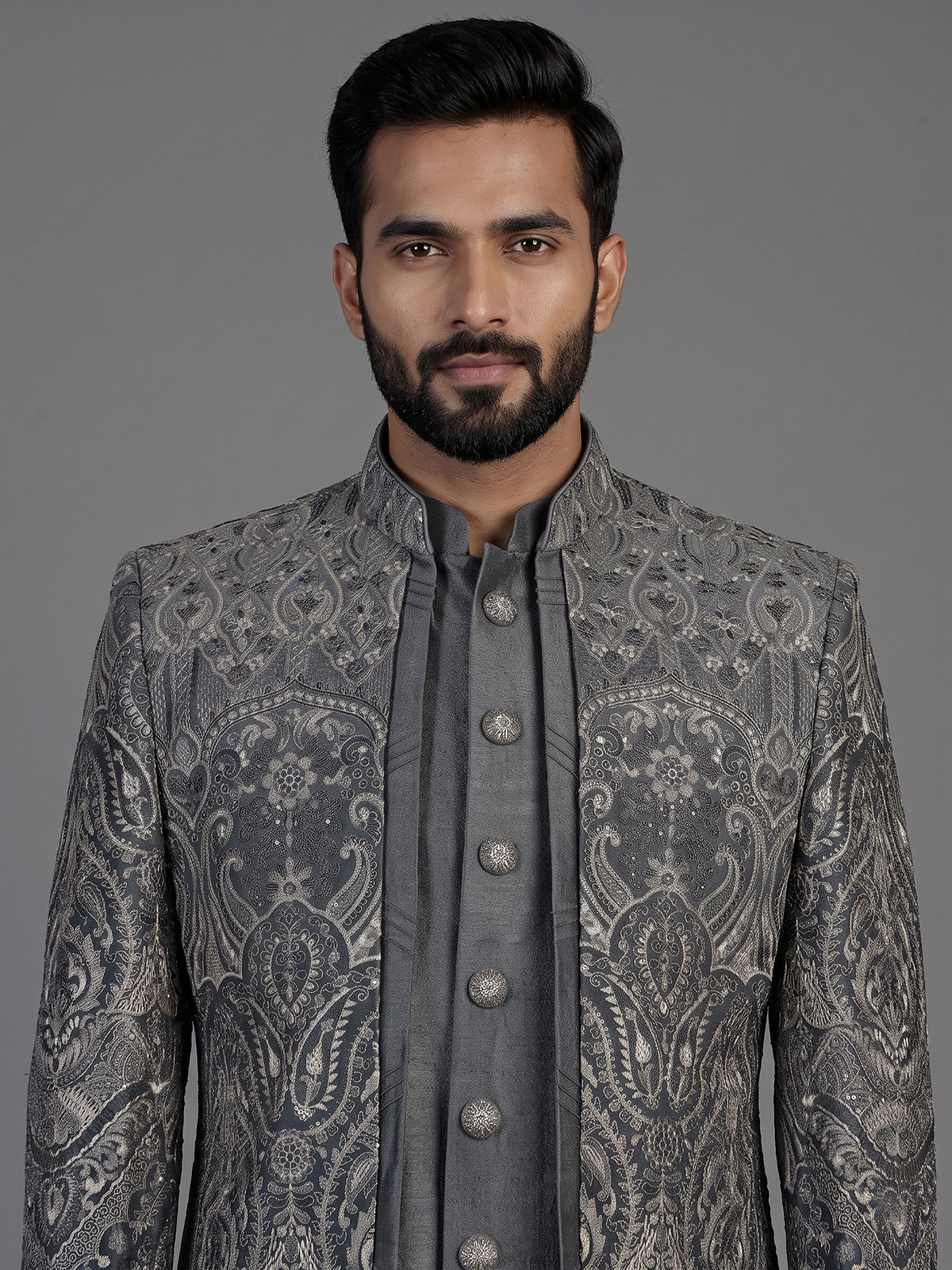 Grey mens damask brocade jacket indo western