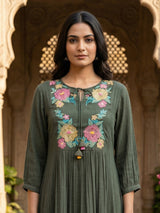 Olive cotton silk women chic tassel detail A-line kurti