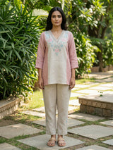 Cream cotton silk women pastel floral color-block co-ord set