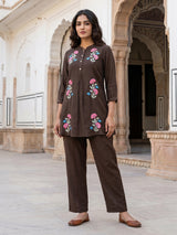 Brown cotton linen silk women vibrant folk floral co-ord set