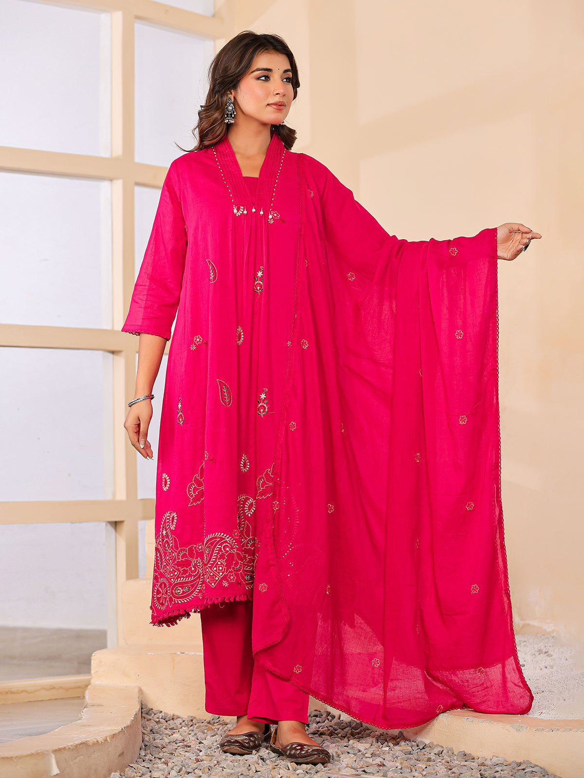 Rani pink cotton silk women charming floral anarkali kurti set