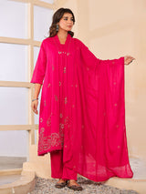 Rani pink cotton silk women charming floral anarkali kurti set