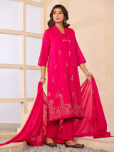 Rani pink cotton silk women charming floral anarkali kurti set