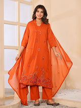 Orange cotton silk women vibrant floral anarkali kurti set
