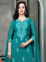 Rama blue chanderi silk women kashmiri floral kurti set