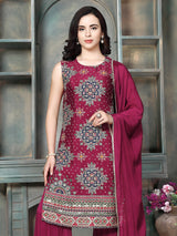 Wine georgette silk women Mughal floral sharara kurti set
