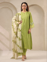 Light green threadwork floral printed contrast dupatta silk kurti set