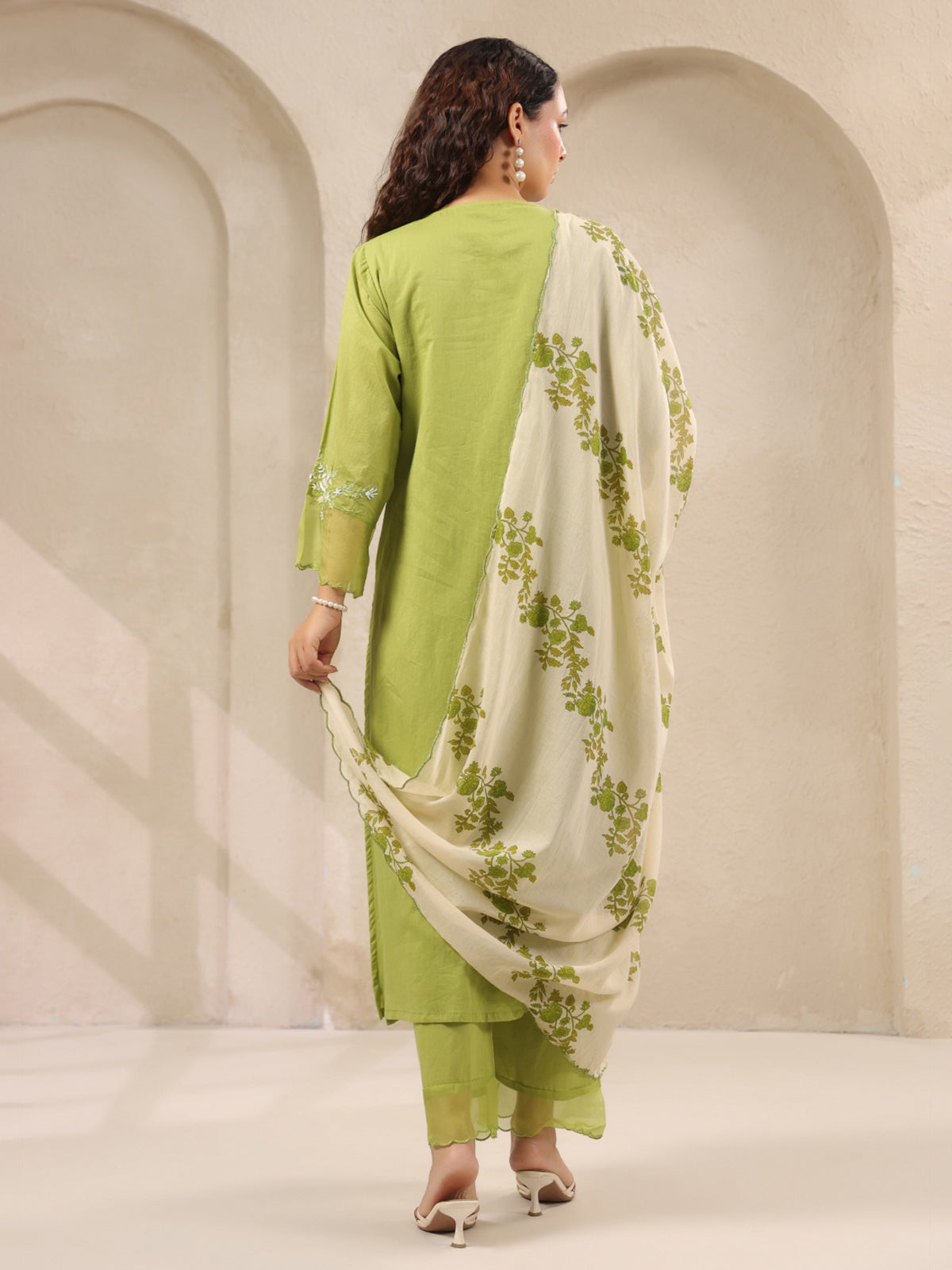 Light green threadwork floral printed contrast dupatta silk kurti set