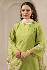 Light green threadwork floral printed contrast dupatta silk kurti set