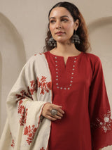 Maroon threadwork floral printed contrast dupatta silk kurti set