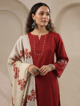 Maroon threadwork floral printed contrast dupatta silk kurti set