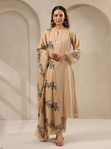 Beige threadwork floral printed dupatta silk kurti set for women