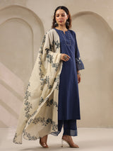 Navy threadwork floral printed contrast dupatta silk kurti set