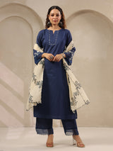 Navy threadwork floral printed contrast dupatta silk kurti set
