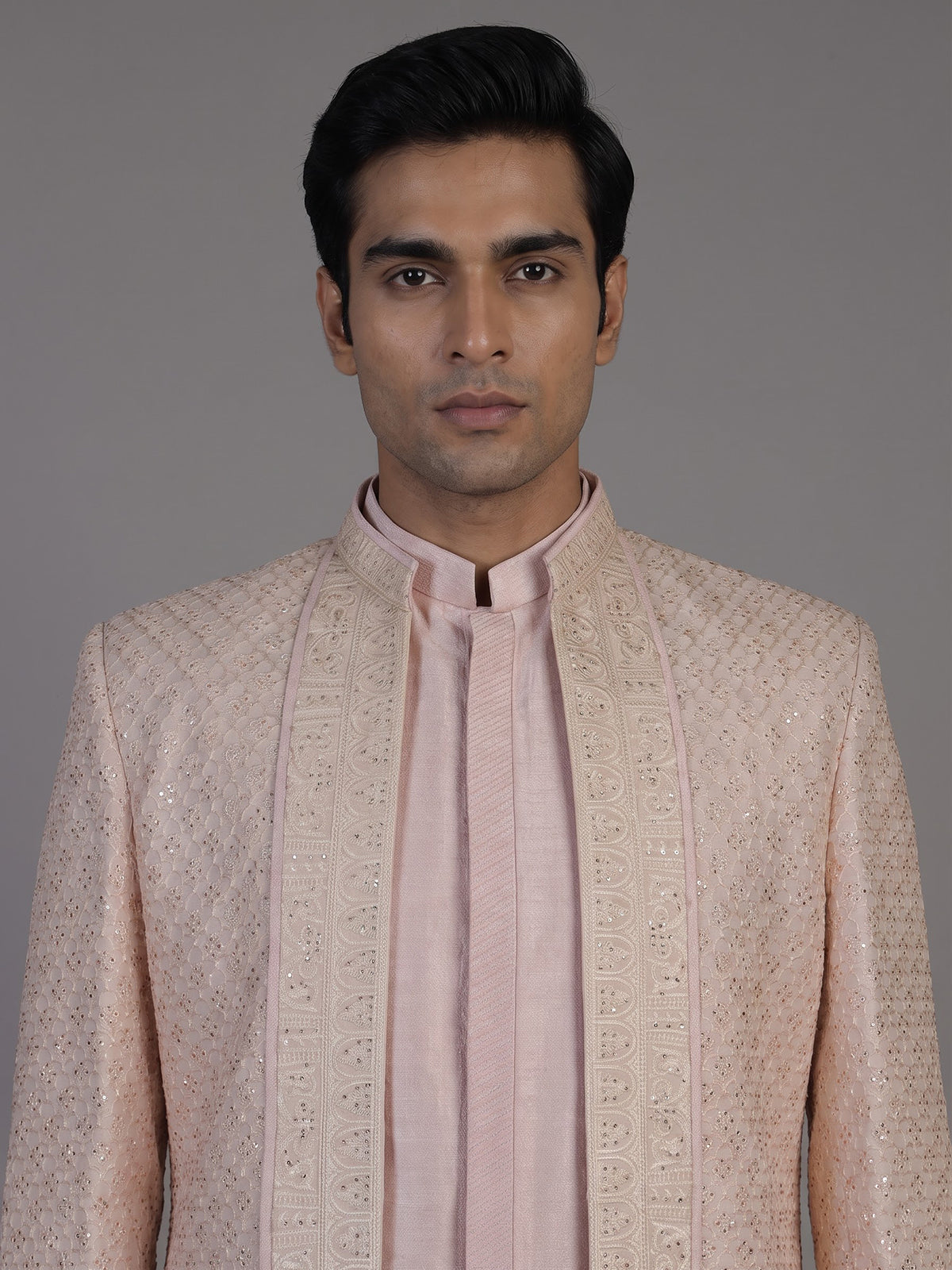 Pink jacquard silk jacket sherwani for men