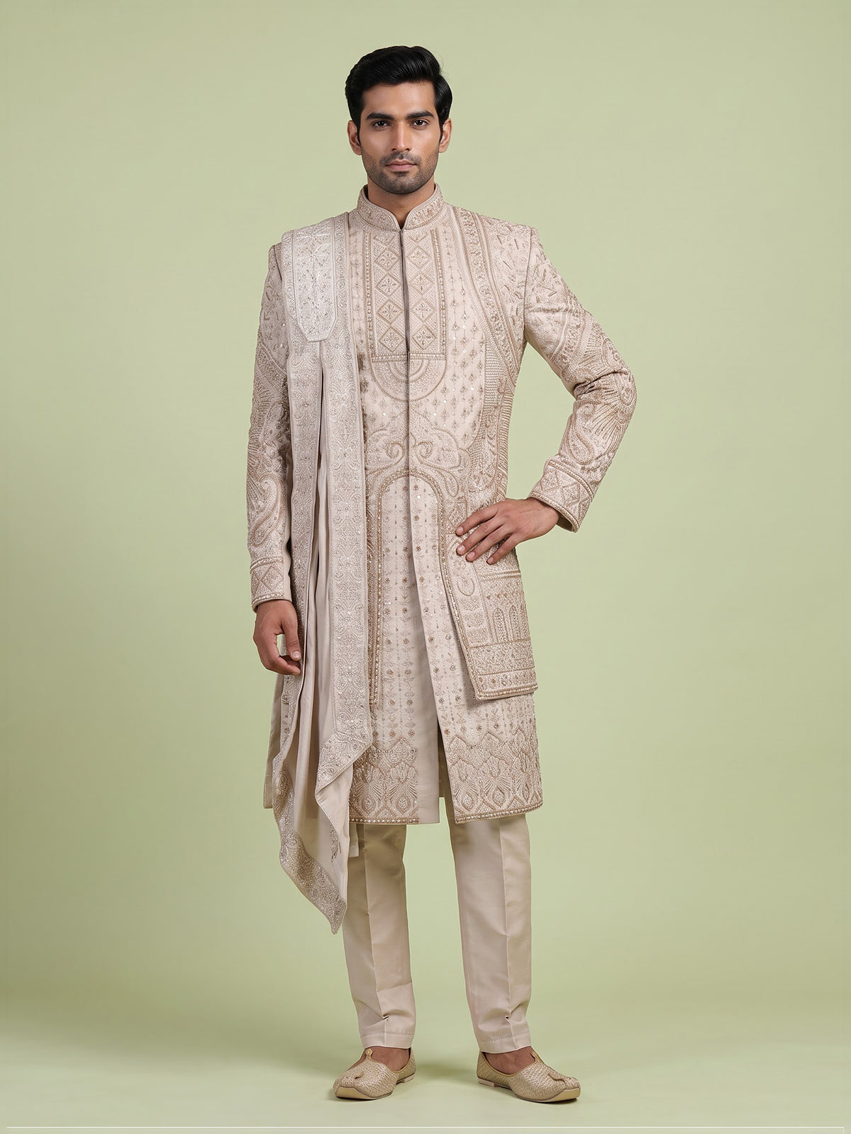 Pink embellished silk crepe sherwani for men
