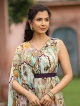 Pista green printed designer drape kurti with belt