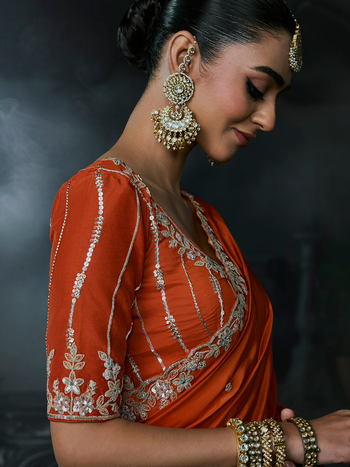 Orange women festive tissue organza saree