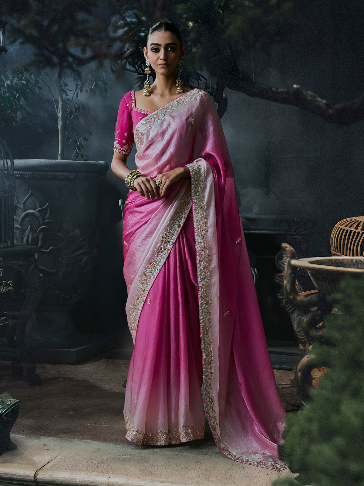 Pink women shaded tissue organza saree