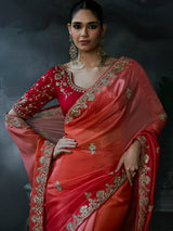 Red women shaded tissue organza saree