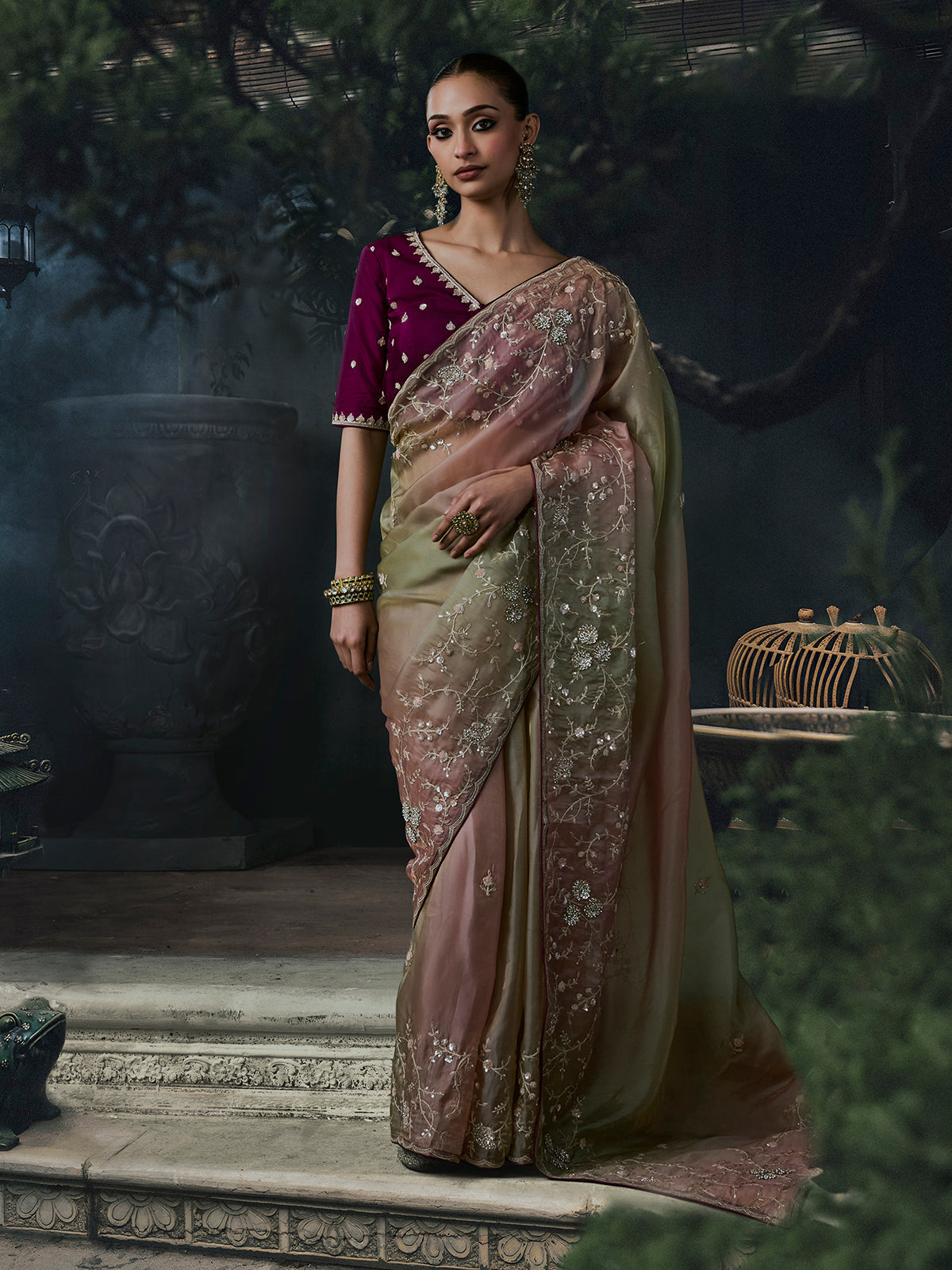 Pista green women shaded tissue organza saree