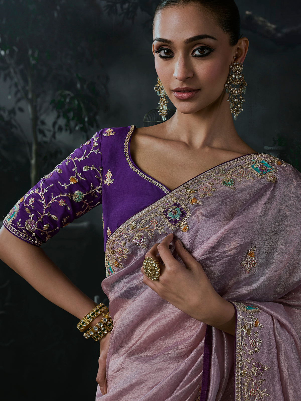 Lavender women dreamy tissue organza saree