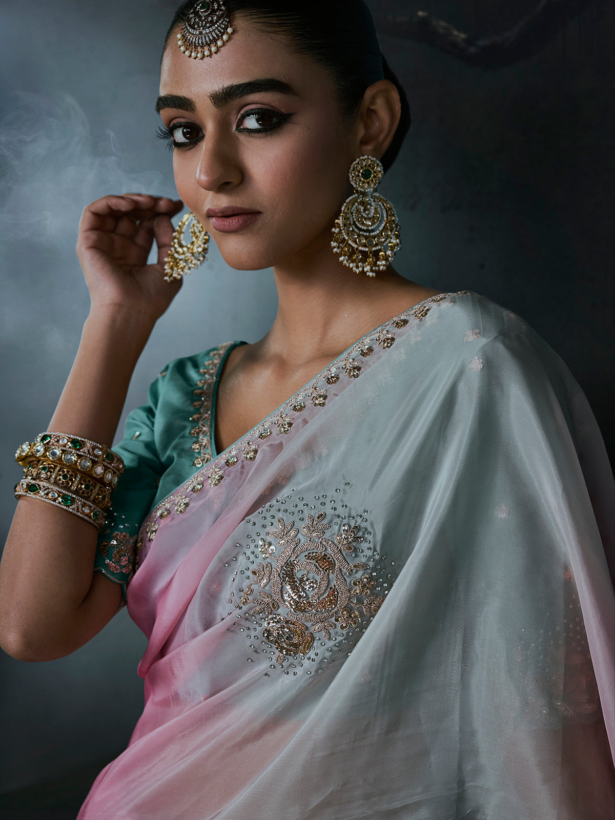 Blue women shaded tissue organza saree