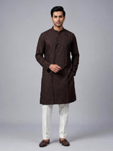 Dark coffee brown cotton kurta suit with thread weaving for men