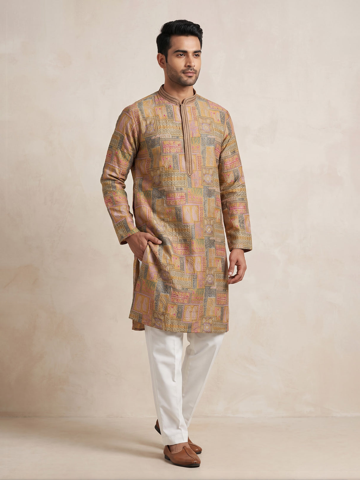 Beige silk printed kurta suit with thread weaving for men