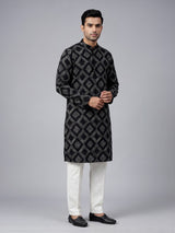 Black silk printed kurta suit for festive occasions for men