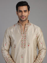 Cream silk kurta suit with cutdana thread and sequins for men