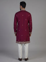 Wine silk blend kurta suit with resham sequins and dupatta for men