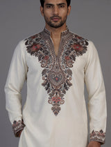 Cream silk blend kurta suit with embroidery and sequins for men