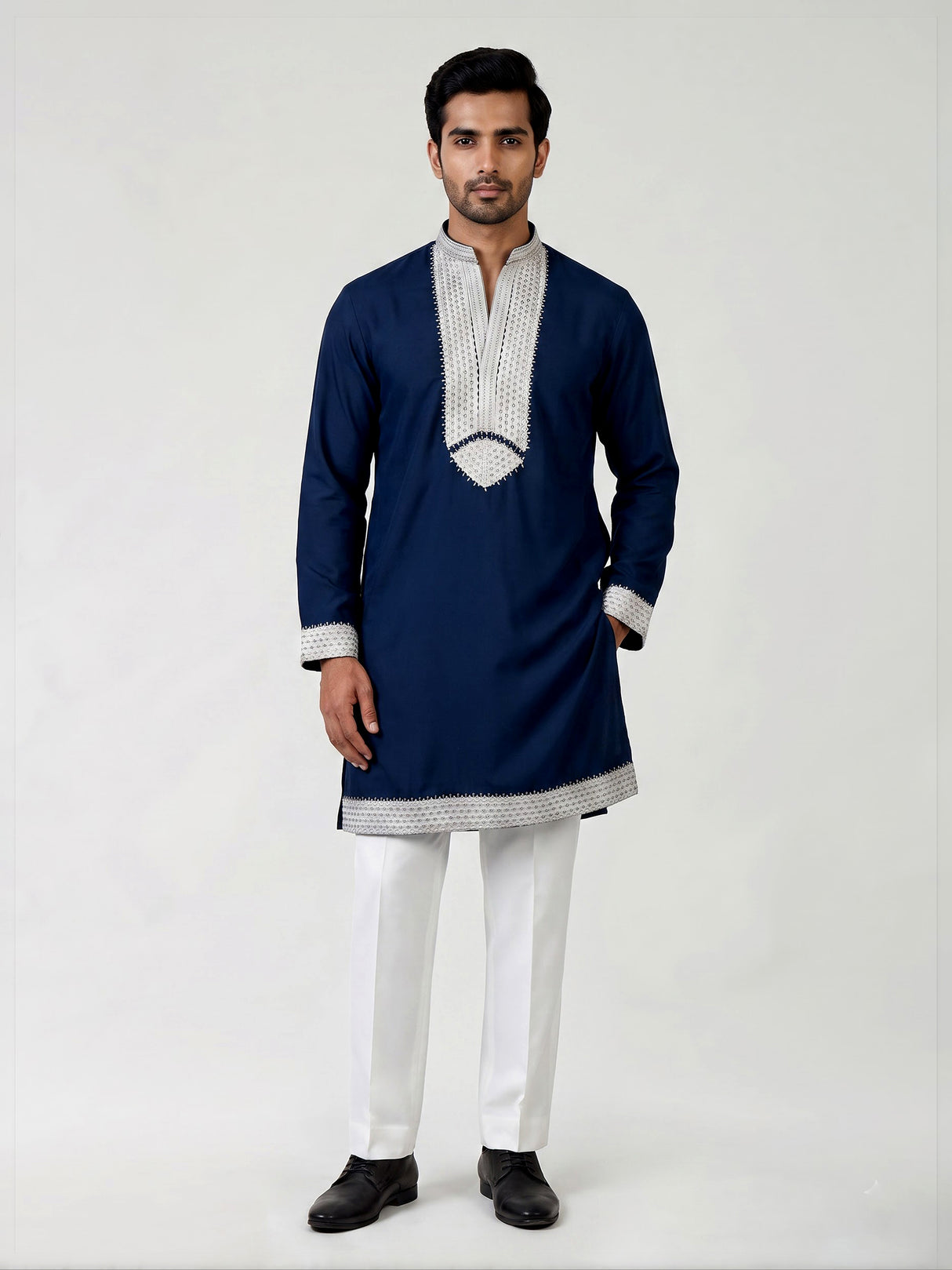 Navy silk blend kurta suit with cutdana beads diamond embellishments for men